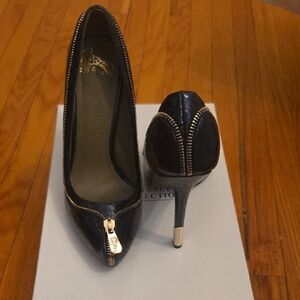 Versace Dark Navy Blue Heels with Gold Zipper Detail